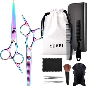 YUBBI Professionele Kappersschaar Set - 11 delig - Knipschaar - Coupeschaar - Uitdunschaar - Snijkam - Rainbow
