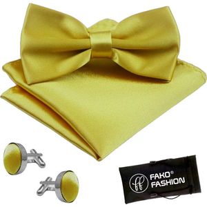 Fako Fashion® - Vlinderstrik, Pochette & Manchetknopen - Vlinderdas - Strikje - Pochet - Satijn - Goud