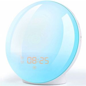 Ochtendwekkerradio met lichteffecten - Bedlamp met 20 programmeerbare helderheidsalarmen, simulatie van zonsopgang en zonsondergang, snoozefunctie, 7 natuurlijke geluiden, FM-radio - Advertentie