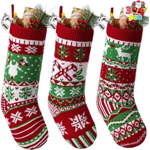 3 Pack 45,7 cm kerstkousen, grote maat rustieke kabel gebreide kerstkous in rood en groen, voor familie vakantie seizoen decoraties