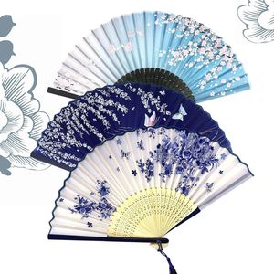 Opvouwbare Chinese waaiers - 3 stuks, bamboe handwaaiers met kwasten - blauw en wit porselein