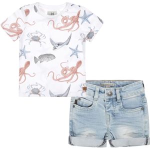 Koko Noko - Kledingset(2delig) - Short Blue jeans - Shirt wit met prints van zeedieren - Maat 92