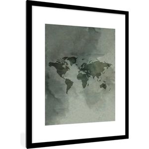 Fotolijst incl. Poster - Wereldkaart - Aquarelverf - Grijs - 60x80 cm - Posterlijst