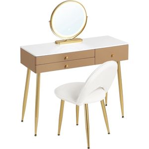 WARRAICH-Elegante make-uptafel met dimbare spiegelverlichting, fluwelen krukje en 3 lades – Kaki + Goud design