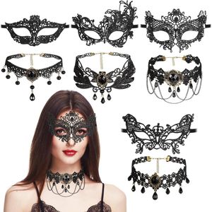 8-delige maskerade-kostuumset: 4 kanten maskerades oogmaskers en 4 flexibele gotische punten halskettingen voor dames historisch carnaval en cosplay.