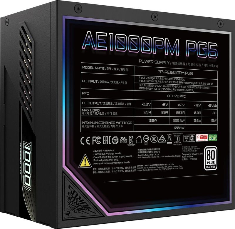 GIGABYTE AORUS ELITE P1000W power supply unit 1000 W 20+4 pin ATX ATX Zwart