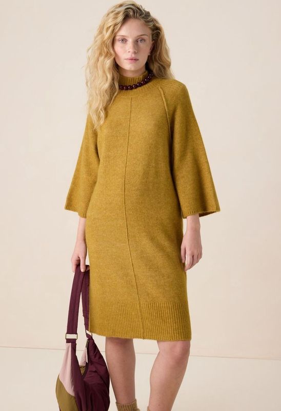 Sissy-Boy - Groene - Gebreide Jurk - Driekwart Mouwen - Hoge Halslijn