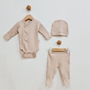 Newborn baby set 3 delig ribbed Beige 0-3M