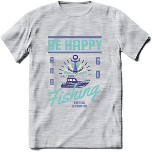 Be Happy Go Fishing - Vissen T-Shirt | Blauw | Grappig Verjaardag Vis Hobby Cadeau Shirt | Dames - Heren - Unisex | Tshirt Hengelsport Kleding Kado - Licht Grijs - Gemaleerd - 3XL