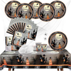 26-delige Halloween-decoratieset met spinnenweb, spinnen, kopjes, borden, servetten en tafelkleed voor Halloween en carnaval (026 Delig - Feestservies Set Heks)