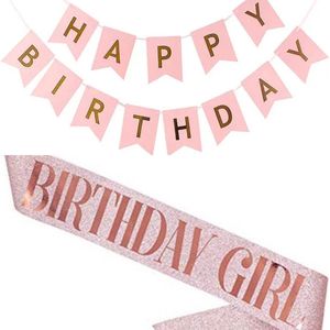 Sjerp en slinger set Birthday Girl en Happy Birthday rose goud en roze met goud - sjerp - slinger - birthday girl - verjaardag - rose goud