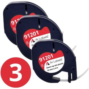 Ar Labels - 3x Dymo Compatible Letratag Navulling Label tape - Zwart op Wit - 12 mm x 4 m