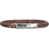 Manfield - Bruine Leren Gevlochten Heren Armband - Zilverkleurig Middenstuk