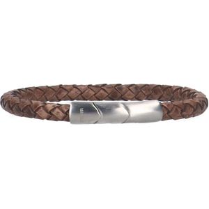 Manfield - Bruine Leren Gevlochten Heren Armband - Zilverkleurig Middenstuk