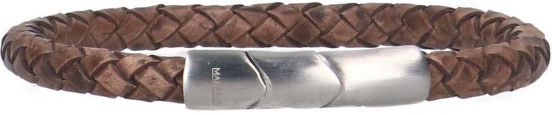 Manfield - Bruine Leren Gevlochten Heren Armband - Zilverkleurig Middenstuk