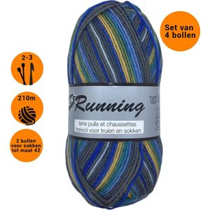 Lammy Yarns -New Running Multi (424) - 4 bollen van 50 gram - gemêleerde sokkenwol grijs/blauwgroen