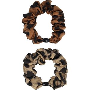 Haarsoires Haarelastiek Scrunchie – Hair-Tie Panterprint – Gladde Stof – Bruin – Set van 2 - Haarkrinkel - Haar Elastiek met Stof - Zacht & Haarvriendelijk
