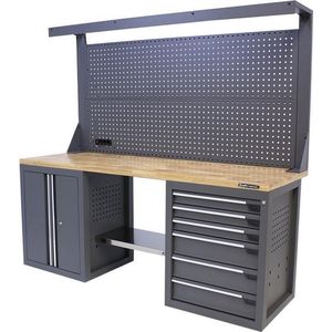 Kraftmeister werkbank 200 cm - Werktafel met gereedschapswand, 6 laden, 1 opbergkast en eiken werkblad - Grijs