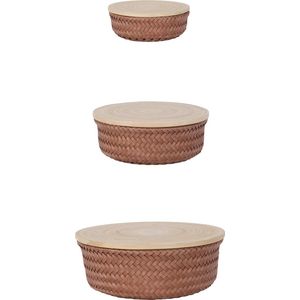 Set van 3 ronde bruine opbergmanden met bamboe deksel - Handed By - Wonder