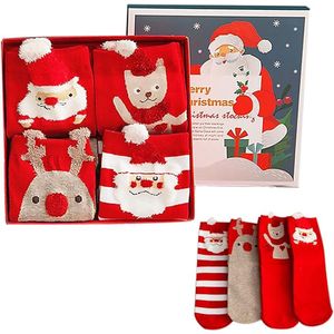 OIMG Kerstsokken - huissokken Dames 4 paar - Kerstsokken voor dames - Kerstsokken van katoen - Kerstthema - Warme sokken - Comfortabele katoenen sokken - Cadeau voor vrouwen, moeders, vriendinnen en echtgenote - met kerstcadeaudoos - Rood
