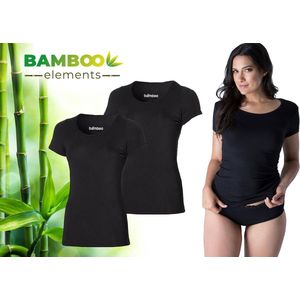 Bamboo Elements - T Shirt Dames - Bamboe - Ronde Hals - 2 Stuks - Zwart - Anti Zweet Shirt Dames - Bamboe Ondershirt - Onderhemd Dames Shirts Korte Mouw - Extra Lang