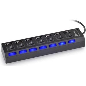 7 Poort Multi USB 2.0 Hub Splitter Zwart - Voor Laptop / Apple Mac / Macbook & Windows - Met LED Verlichting