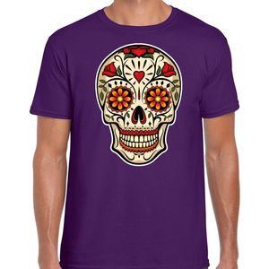 Bellatio Decorations Sugar Skull t-shirt heren - paars - Day of the Dead - punk/rock/tattoo thema XXL