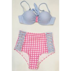 Mooie blauwe met roze gestreepte bikini - high waist - maat XXL