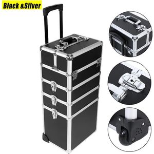 Roxana® Make Up Trolley - Make Up Koffer Met Wielen - Zwart En Zilver - 4 In 1 - Cosmetica