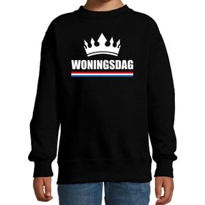 Koningsdag sweater / trui Woningsdag zwart voor jongens en meisjes - Woningsdag - thuisblijvers / Kingsday thuis vieren 98/104
