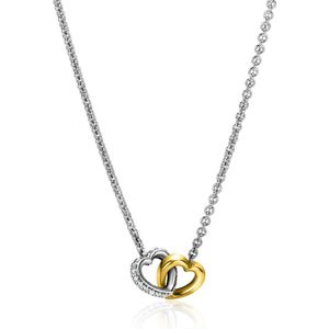 Zinzi zilveren collier bicolor 2 hartjes in elkaar waarvan 1 met zirkonia ZIC2276