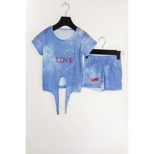 Donker blauw kledingsetje voor kinderen - parels - love - 10 jaar/ 138 cm