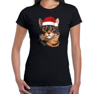 Bellatio Decorations Kerst T-shirt trui voor dames - bruine kat / poes met kerstmuts - zwart - Kerstfeest kleding XS