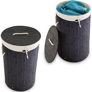 Relaxdays 2x wasmand bamboe - wasbox met deksel - 70 liter - rond - 65 x 41 cm - zwart