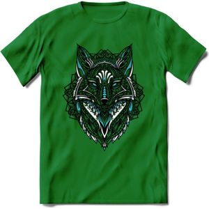 Vos - Dieren Mandala T-Shirt | Lichtblauw | Grappig Verjaardag Zentangle Dierenkop Cadeau Shirt | Dames - Heren - Unisex | Wildlife Tshirt Kleding Kado | - Donker Groen - 3XL