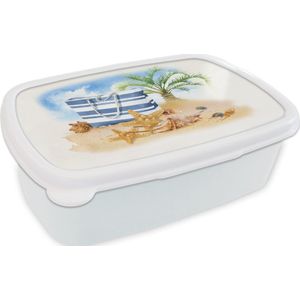 Broodtrommel Wit - Lunchbox - Brooddoos - Palmboom - Tas - Schelpen - 18x12x6 cm - Volwassenen