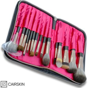 CAIRSKIN Natural 15 Brushes Professional Make-up Artist Set Navy Elegant Bronze Brushes Set with Aluminium Ferrule - Wooden Handle with Makeup Brushes Roll Etui - Travel Set