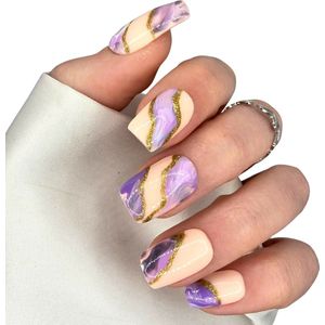 SD Press on Nails - Set No. 22 Waves - Nude - Paars Marble - Goud - Medium Recht - Handmade Plaknagels - Kunstnagels