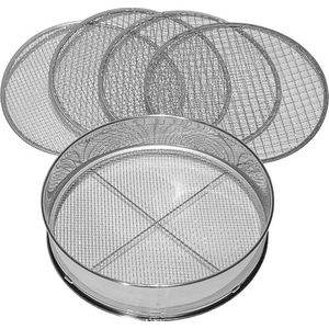 5in1 tuinzeef, 5 verwisselbare zeefinzetten Ø 3, 5, 8, 10, 12 mm fijn, voor grond, stenen, compost, onkruid, zand, grind en zaden, 30 cm rond, metaal, roestwerend