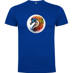 Kobalt Blauw T-Shirt met “Kleurrijk Yin Yang Paard“ Print Full Color maat 104 / 3/4 jaar