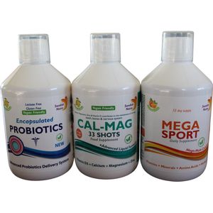 Triple pack Probiotica+CalciumMagnesium+Mega Sport multivitamine is een unieke mix van vitaminen en mineralen. Al deze ingrediënten en nutriënten zorgen voor een verbetering van energie en uithoudingsvermogen. Deze blend valt onder de Multivitaminen