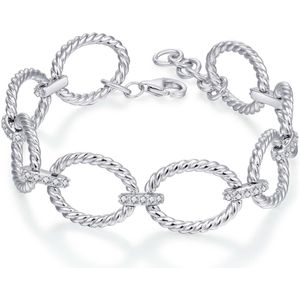 Jewels Inc. - Armband - met Gedraaide Schakel gezet met Zirkonia Stenen - 14mm Breed - Lengte 17+3cm - Gerhodineerd Zilver 925