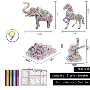 3D puzzel - Coloring puzzel - Kleurplaat - 4 figuren met 12 viltstiften - 3D dieren & molen knutselen