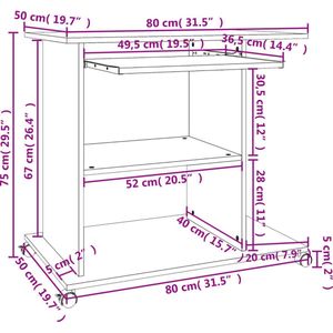 vidaXL - Computerbureau - 80x50x75 - cm - bewerkt - hout - grijs - sonoma - eikenkleur