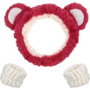 3-delige set schattige berenoren SPA haarband met polswasband en zachte koraalfleece - rood