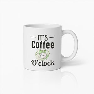 It's Coffee O’clock"" Mok – Elegante Koffietijd Keramische Mok met Klok en Bloemmotief – Perfect Cadeau voor Koffieliefhebbers en Theedrinkers