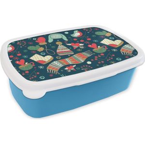Broodtrommel Blauw - Lunchbox - Brooddoos - Winter - Design - Thee - Handschoenen - Muts - 18x12x6 cm - Kinderen - Jongen