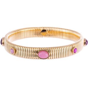 Nouka Dames Armband – Goud Gekleurde Bangle met Roze Natuursteentjes - Stainless Steel – Cadeau voor Vrouwen