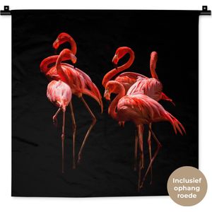 Wandkleed Dieren - Groep flamingo's op een zwarte achtergrond Wandkleed katoen 60x60 cm - Wandtapijt met foto