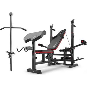 Hop-Sport Verstelbare Multifunctionele Fitnessbank HS-1075, Ruimtebesparende Opvouwbare Gewichtenbank met Halterhouder, Vlinder, Trekkoord, Arm- en Beencurler, Inclusief Lat Pull Toren, Ideaal voor Thuisfitness en Krachttraining